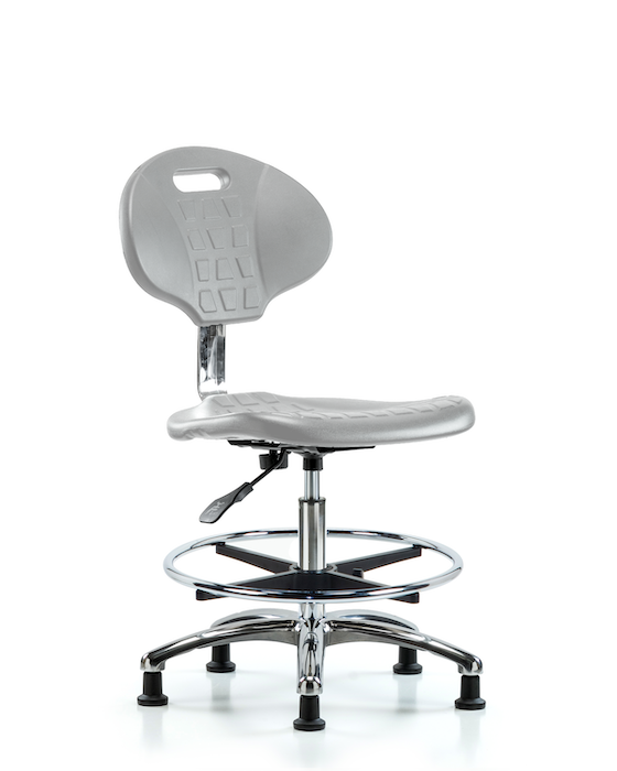 Blue Ridge Ergonomics CLR-TPMBCH-CR-A0-CF-RG-GRY Class 10 Erie Polyurethane Clean Room Chair - Medium Bench Height with Chrome Foot Ring & Stationary Glides in Gray Polyurethane