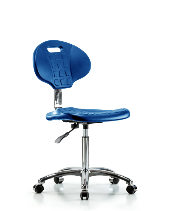 Blue Ridge Ergonomics CLR-TPMBCH-CR-A0-NF-CC-BLU Class 10 Erie Polyurethane Clean Room Chair - Medium Bench Height with Casters in Blue Polyurethane