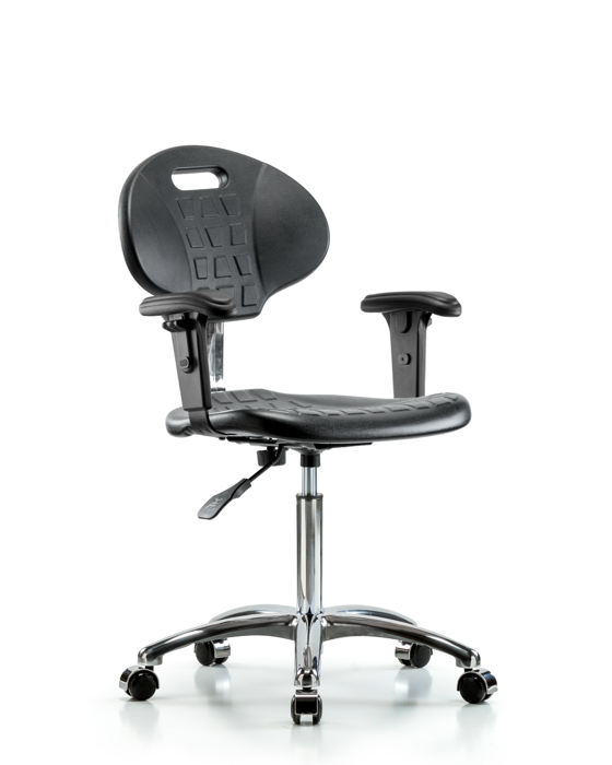 Blue Ridge Ergonomics CLR-TPMBCH-CR-A1-NF-CC-BLK Class 100 Erie Polyurethane Clean Room Chair - Medium Bench Height with Adjustable Arms & Casters in Black Polyurethane