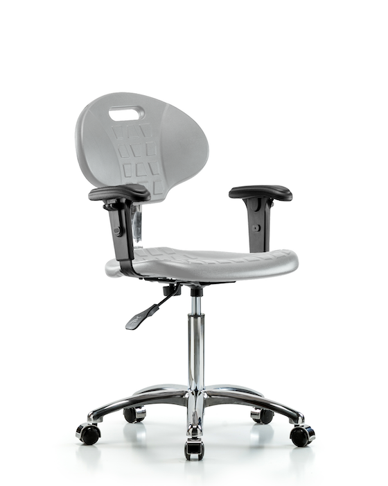 Blue Ridge Ergonomics CLR-TPMBCH-CR-A1-NF-CC-GRY Class 100 Erie Polyurethane Clean Room Chair - Medium Bench Height with Adjustable Arms & Casters in Gray Polyurethane
