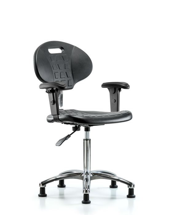 Blue Ridge Ergonomics CLR-TPMBCH-CR-A1-NF-RG-BLK Class 100 Erie Polyurethane Clean Room Chair - Medium Bench Height with Adjustable Arms & Stationary Glides in Black Polyurethane