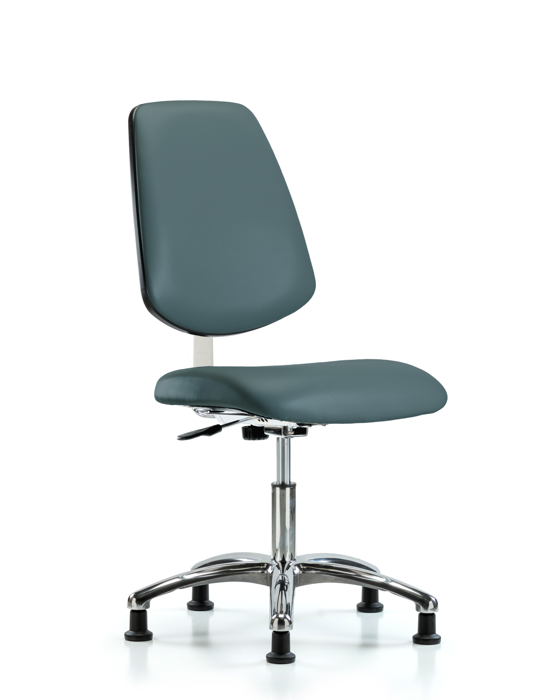 Blue Ridge Ergonomics CLR-VDHCH-MB-CR-RG-8546 Class 10 Clean Room Vinyl Chair Chrome - Desk Height with Medium Back & Stationary Glides in Colonial Blue Trailblazer™ Vinyl