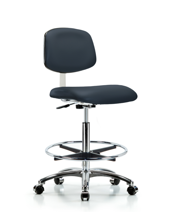 Blue Ridge Ergonomics CLR-VHBCH-CR-CF-CC-8582 Class 10 Clean Room Vinyl Chair Chrome - High Bench Height with Chrome Foot Ring & Casters in Imperial Blue Trailblazer™ Vinyl