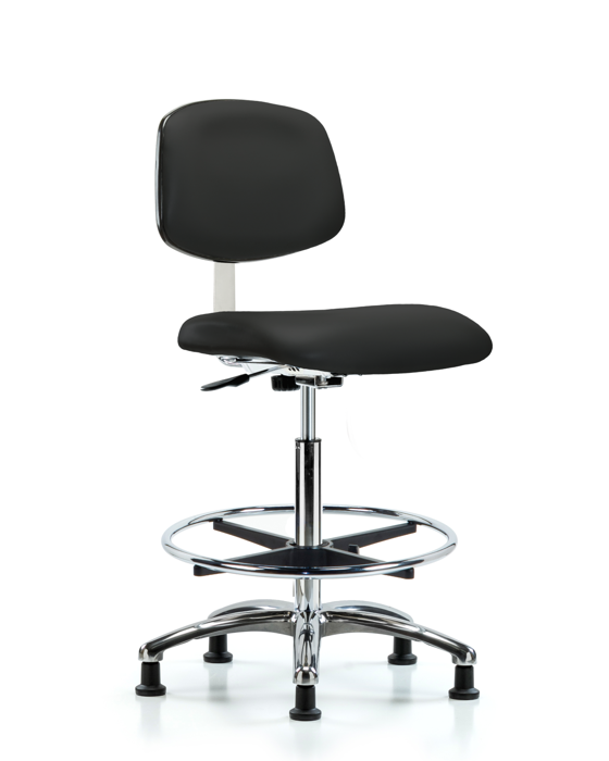 Blue Ridge Ergonomics CLR-VHBCH-CR-CF-RG-8540 Class 10 Clean Room Vinyl Chair Chrome - High Bench Height with Chrome Foot Ring & Stationary Glides in Black Trailblazer™ Vinyl
