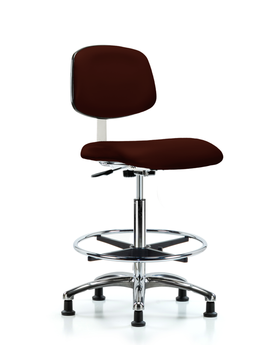 Blue Ridge Ergonomics CLR-VHBCH-CR-CF-RG-8569 Class 10 Clean Room Vinyl Chair Chrome - High Bench Height with Chrome Foot Ring & Stationary Glides in Burgundy Trailblazer™ Vinyl