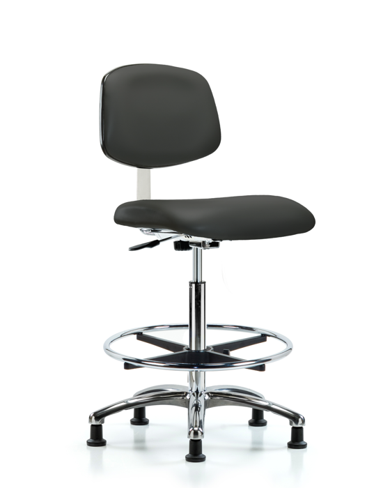 Blue Ridge Ergonomics CLR-VHBCH-CR-CF-RG-8605 Class 10 Clean Room Vinyl Chair Chrome - High Bench Height with Chrome Foot Ring & Stationary Glides in Charcoal Trailblazer™ Vinyl