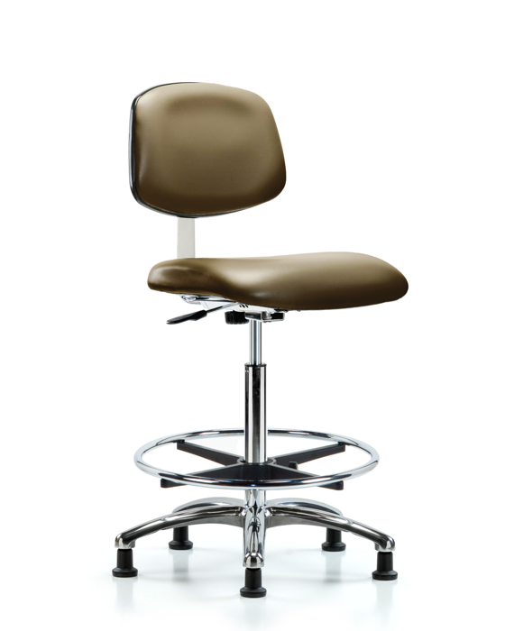 Blue Ridge Ergonomics CLR-VHBCH-CR-CF-RG-8809 Class 10 Clean Room Vinyl Chair Chrome - High Bench Height with Chrome Foot Ring & Stationary Glides in Taupe Supernova™ Vinyl
