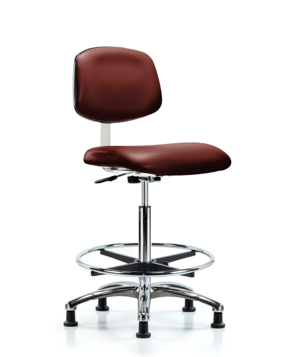 Blue Ridge Ergonomics CLR-VHBCH-CR-CF-RG-8815 Class 10 Clean Room Vinyl Chair Chrome - High Bench Height with Chrome Foot Ring & Stationary Glides in Borscht Supernova™ Vinyl