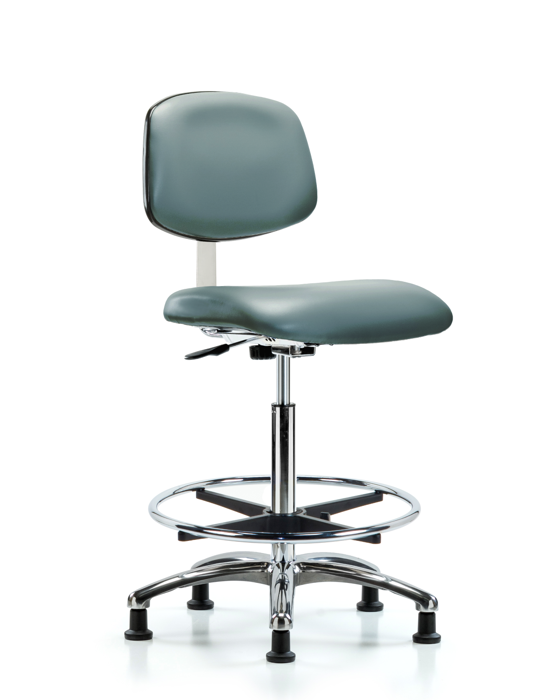Blue Ridge Ergonomics CLR-VHBCH-CR-CF-RG-8822 Class 10 Clean Room Vinyl Chair Chrome - High Bench Height with Chrome Foot Ring & Stationary Glides in Storm Supernova™ Vinyl