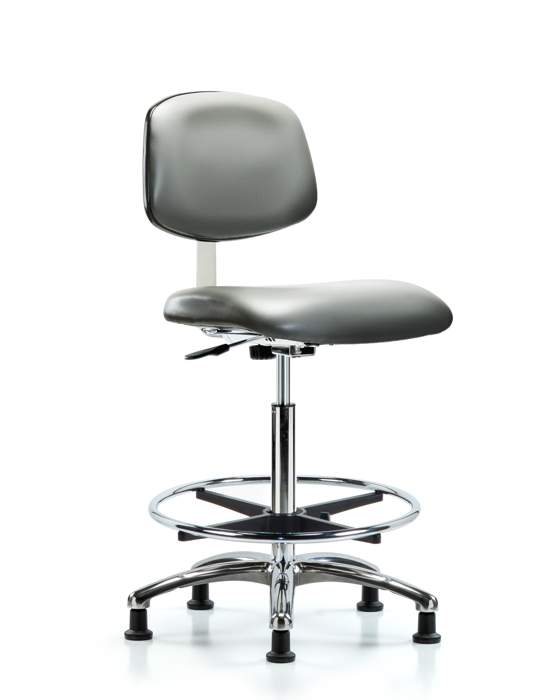 Blue Ridge Ergonomics CLR-VHBCH-CR-CF-RG-8840 Class 10 Clean Room Vinyl Chair Chrome - High Bench Height with Chrome Foot Ring & Stationary Glides in Sterling Supernova™ Vinyl