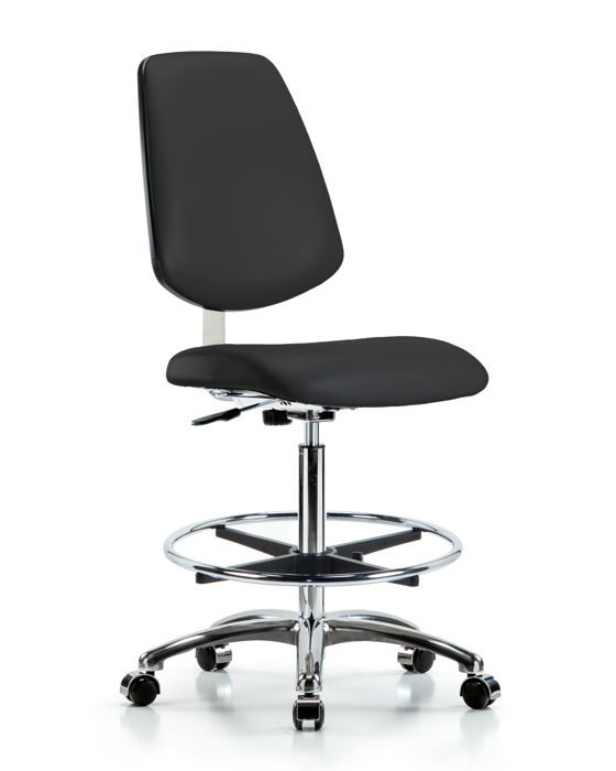Blue Ridge Ergonomics CLR-VHBCH-MB-CR-CF-CC-8540 Class 10 Clean Room Vinyl Chair Chrome - High Bench Height with Medium Back, Chrome Foot Ring, & Casters in Black Trailblazer™ Vinyl