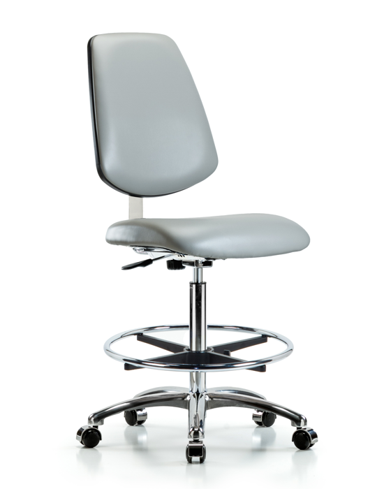 Blue Ridge Ergonomics CLR-VHBCH-MB-CR-CF-CC-8567 Class 10 Clean Room Vinyl Chair Chrome - High Bench Height with Medium Back, Chrome Foot Ring, & Casters in Dove Trailblazer™ Vinyl