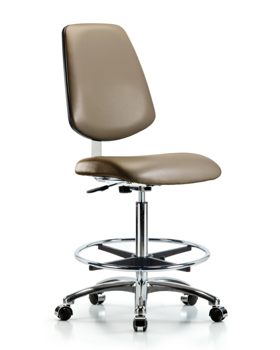 Blue Ridge Ergonomics CLR-VHBCH-MB-CR-CF-CC-8809 Class 10 Clean Room Vinyl Chair Chrome - High Bench Height with Medium Back, Chrome Foot Ring, & Casters in Taupe Supernova™ Vinyl