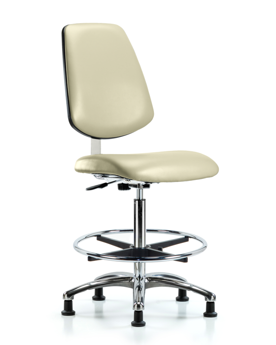 Blue Ridge Ergonomics CLR-VHBCH-MB-CR-CF-RG-8501 Class 10 Clean Room Vinyl Chair Chrome - High Bench Height with Medium Back, Chrome Foot Ring, & Stationary Glides in Adobe White Trailblazer™ Vinyl