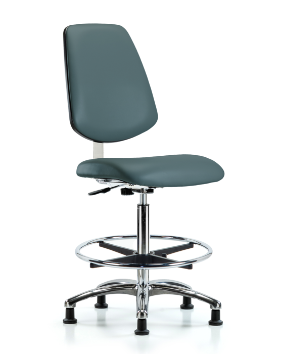Blue Ridge Ergonomics CLR-VHBCH-MB-CR-CF-RG-8546 Class 10 Clean Room Vinyl Chair Chrome - High Bench Height with Medium Back, Chrome Foot Ring, & Stationary Glides in Colonial Blue Trailblazer™ Vinyl