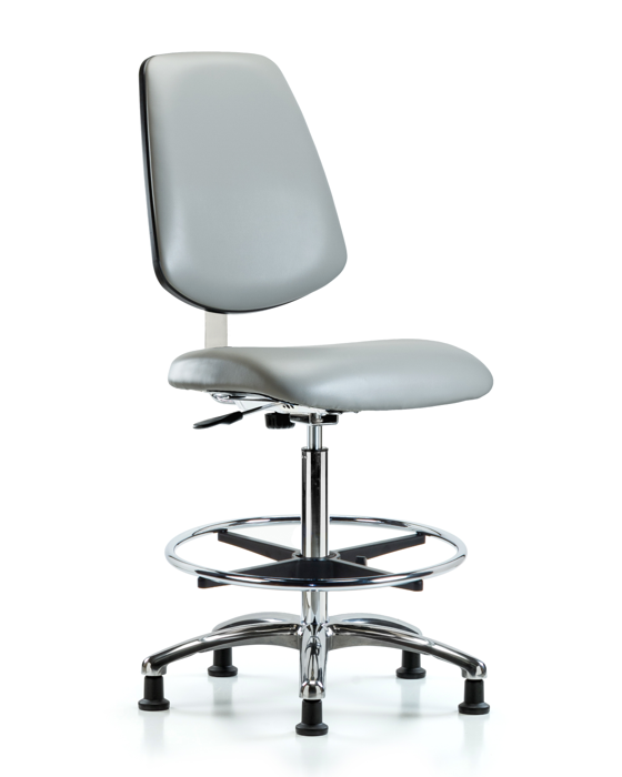 Blue Ridge Ergonomics CLR-VHBCH-MB-CR-CF-RG-8567 Class 10 Clean Room Vinyl Chair Chrome - High Bench Height with Medium Back, Chrome Foot Ring, & Stationary Glides in Dove Trailblazer™ Vinyl