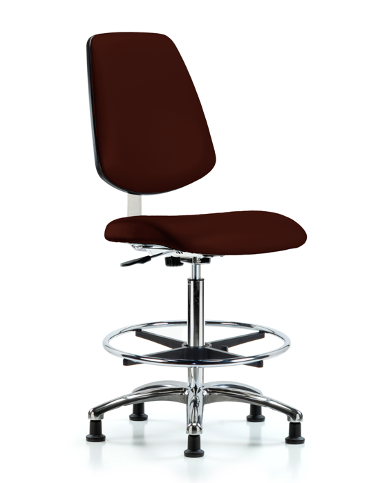 Blue Ridge Ergonomics CLR-VHBCH-MB-CR-CF-RG-8569 Class 10 Clean Room Vinyl Chair Chrome - High Bench Height with Medium Back, Chrome Foot Ring, & Stationary Glides in Burgundy Trailblazer™ Vinyl