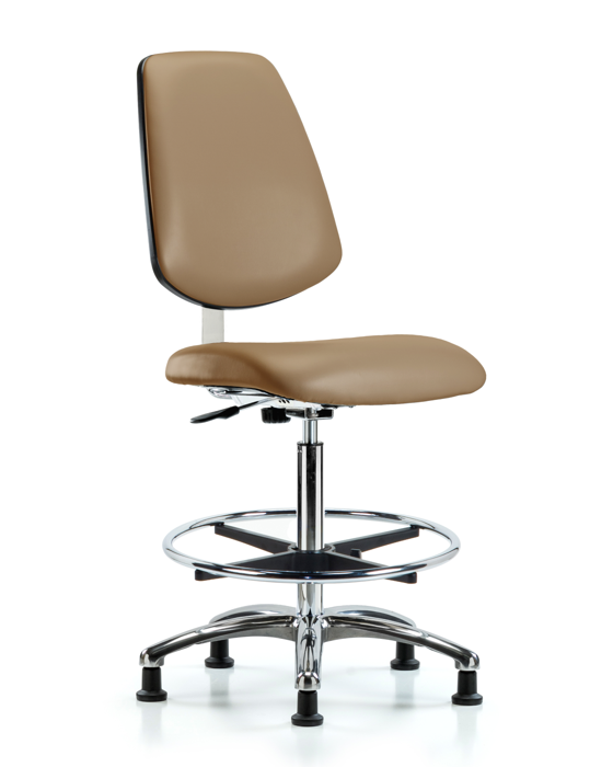 Blue Ridge Ergonomics CLR-VHBCH-MB-CR-CF-RG-8584 Class 10 Clean Room Vinyl Chair Chrome - High Bench Height with Medium Back, Chrome Foot Ring, & Stationary Glides in Taupe Trailblazer™ Vinyl