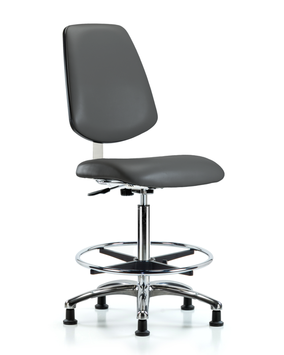 Blue Ridge Ergonomics CLR-VHBCH-MB-CR-CF-RG-8823 Class 10 Clean Room Vinyl Chair Chrome - High Bench Height with Medium Back, Chrome Foot Ring, & Stationary Glides in Carbon Supernova™ Vinyl