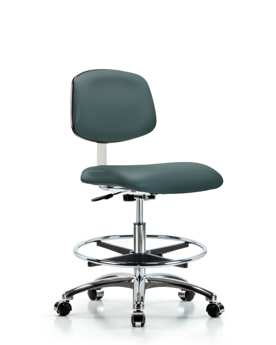 Blue Ridge Ergonomics CLR-VMBCH-CR-CF-CC-8546 Class 10 Clean Room Vinyl Chair Chrome - Medium Bench Height with Chrome Foot Ring & Casters in Colonial Blue Trailblazer™ Vinyl
