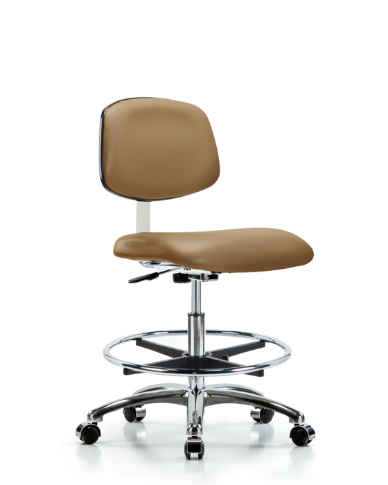 Blue Ridge Ergonomics CLR-VMBCH-CR-CF-CC-8584 Class 10 Clean Room Vinyl Chair Chrome - Medium Bench Height with Chrome Foot Ring & Casters in Taupe Trailblazer™ Vinyl