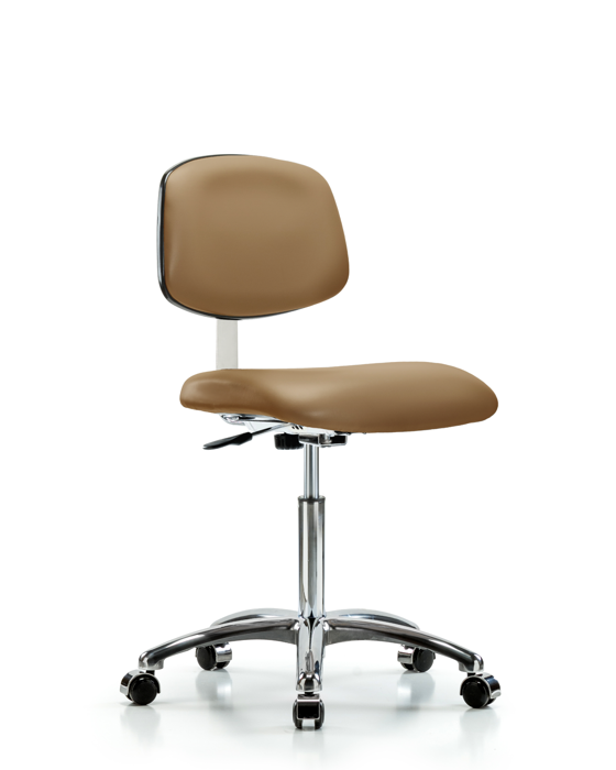 Blue Ridge Ergonomics CLR-VMBCH-CR-NF-CC-8584 Class 10 Clean Room Vinyl Chair Chrome - Medium Bench Height with Casters in Taupe Trailblazer™ Vinyl