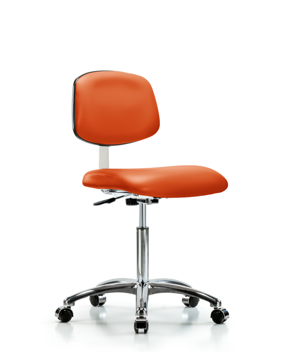 Blue Ridge Ergonomics CLR-VMBCH-CR-NF-CC-8613 Class 10 Clean Room Vinyl Chair Chrome - Medium Bench Height with Casters in Orange Kist Trailblazer™ Vinyl