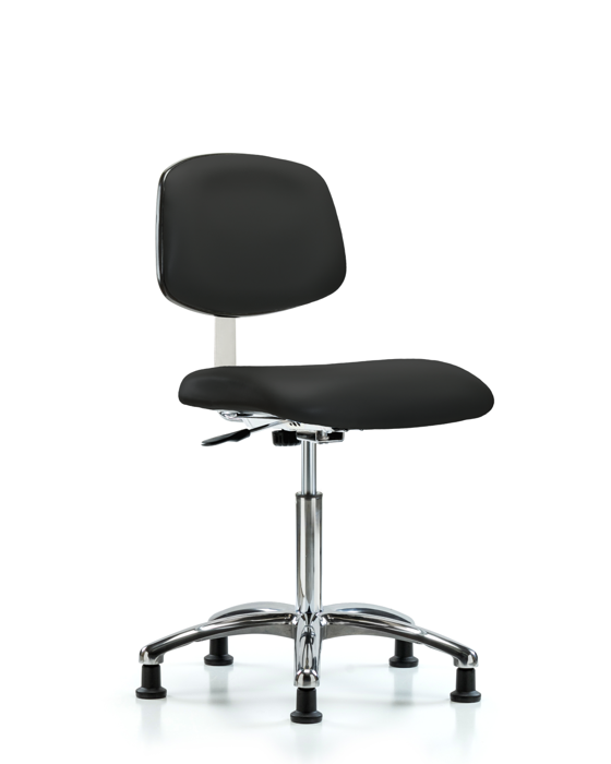 Blue Ridge Ergonomics CLR-VMBCH-CR-NF-RG-8540 Class 10 Clean Room Vinyl Chair Chrome - Medium Bench Height with Stationary Glides in Black Trailblazer™ Vinyl