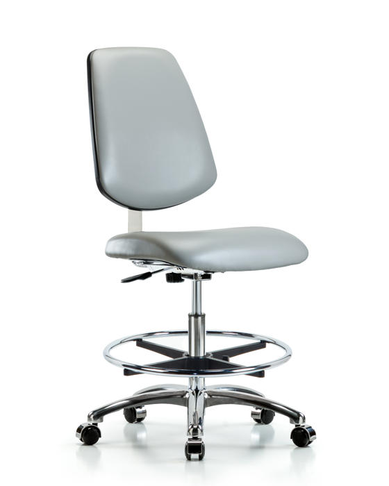 Blue Ridge Ergonomics CLR-VMBCH-MB-CR-CF-CC-8567 Class 10 Clean Room Vinyl Chair Chrome - Medium Bench Height with Medium Back, Chrome Foot Ring, & Casters in Dove Trailblazer™ Vinyl