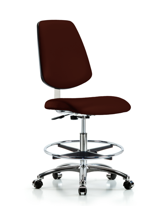 Blue Ridge Ergonomics CLR-VMBCH-MB-CR-CF-CC-8569 Class 10 Clean Room Vinyl Chair Chrome - Medium Bench Height with Medium Back, Chrome Foot Ring, & Casters in Burgundy Trailblazer™ Vinyl