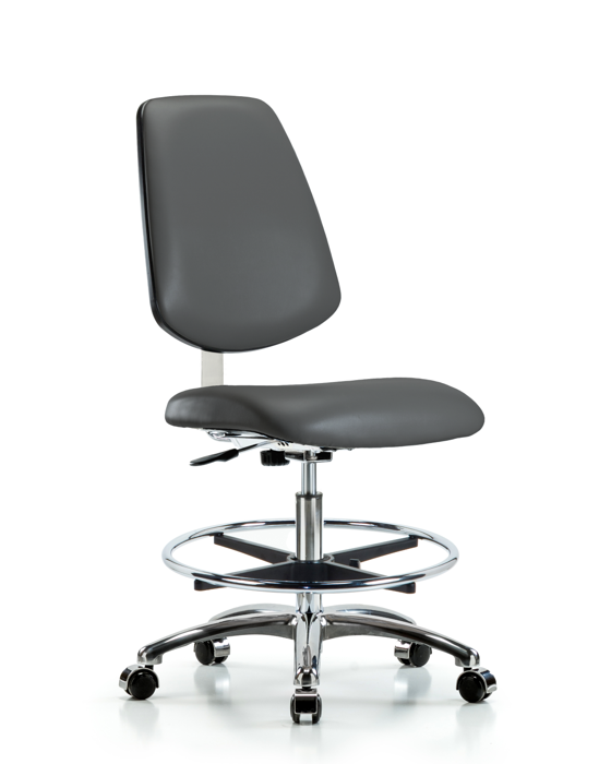 Blue Ridge Ergonomics CLR-VMBCH-MB-CR-CF-CC-8823 Class 10 Clean Room Vinyl Chair Chrome - Medium Bench Height with Medium Back, Chrome Foot Ring, & Casters in Carbon Supernova™ Vinyl