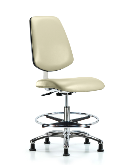 Blue Ridge Ergonomics CLR-VMBCH-MB-CR-CF-RG-8501 Class 10 Clean Room Vinyl Chair Chrome - Medium Bench Height with Medium Back, Chrome Foot Ring, & Stationary Glides in Adobe White Trailblazer™ Vinyl