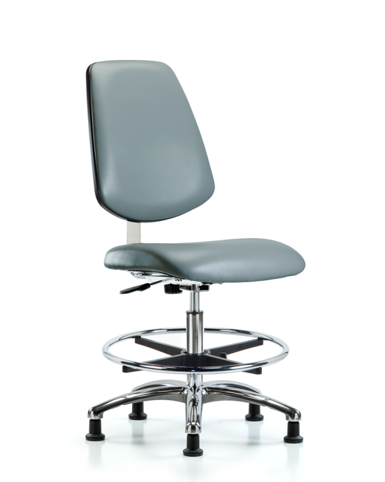 Blue Ridge Ergonomics CLR-VMBCH-MB-CR-CF-RG-8822 Class 10 Clean Room Vinyl Chair Chrome - Medium Bench Height with Medium Back, Chrome Foot Ring, & Stationary Glides in Storm Supernova™ Vinyl