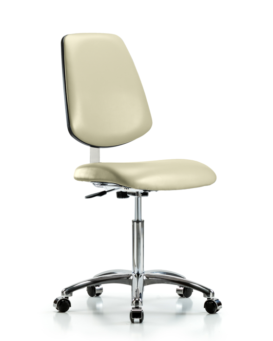 Blue Ridge Ergonomics CLR-VMBCH-MB-CR-NF-CC-8501 Class 10 Clean Room Vinyl Chair Chrome - Medium Bench Height with Medium Back & Casters in Adobe White Trailblazer™ Vinyl
