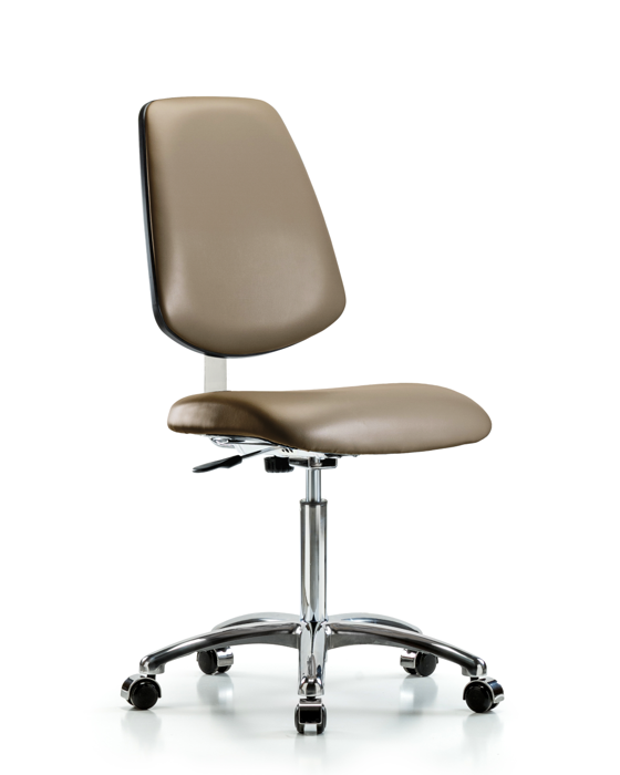 Blue Ridge Ergonomics CLR-VMBCH-MB-CR-NF-CC-8809 Class 10 Clean Room Vinyl Chair Chrome - Medium Bench Height with Medium Back & Casters in Taupe Supernova™ Vinyl