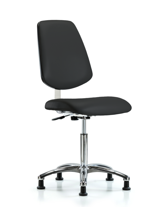 Blue Ridge Ergonomics CLR-VMBCH-MB-CR-NF-RG-8540 Class 10 Clean Room Vinyl Chair Chrome - Medium Bench Height with Medium Back & Stationary Glides in Black Trailblazer™ Vinyl