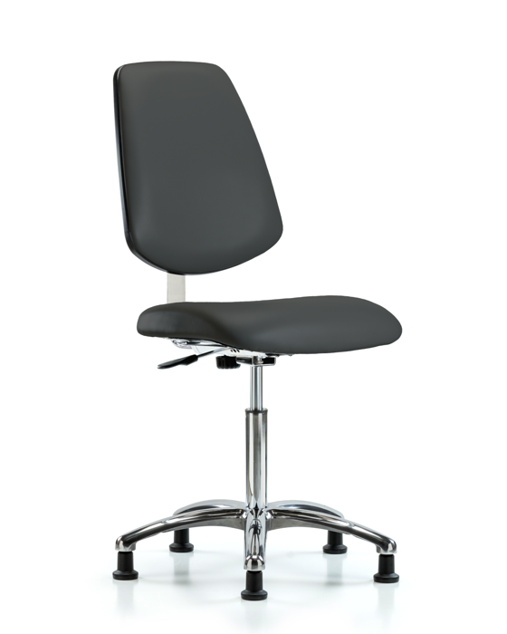 Blue Ridge Ergonomics CLR-VMBCH-MB-CR-NF-RG-8605 Class 10 Clean Room Vinyl Chair Chrome - Medium Bench Height with Medium Back & Stationary Glides in Charcoal Trailblazer™ Vinyl