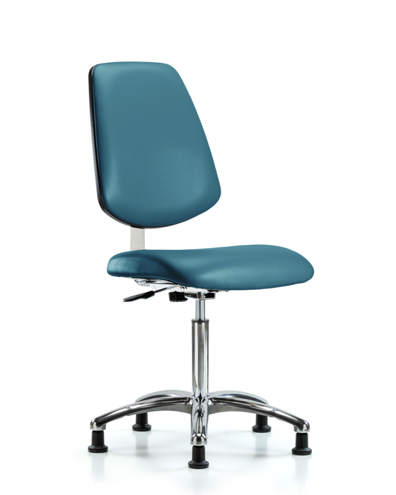 Blue Ridge Ergonomics CLR-VMBCH-MB-CR-NF-RG-8801 Class 10 Clean Room Vinyl Chair Chrome - Medium Bench Height with Medium Back & Stationary Glides in Marine Blue Supernova™ Vinyl