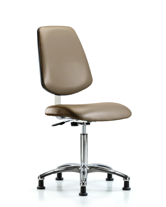 Blue Ridge Ergonomics CLR-VMBCH-MB-CR-NF-RG-8809 Class 10 Clean Room Vinyl Chair Chrome - Medium Bench Height with Medium Back & Stationary Glides in Taupe Supernova™ Vinyl