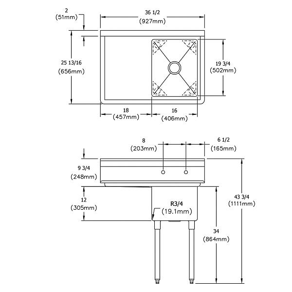 Elkay E1C16X20-L-18X Dependabilt Stainless Steel 36-1/2" x 25-13/16" x 43-3/4" 18 Gauge One Compartment Sink w/ 18" Left Drainboard and Stainless Steel Legs