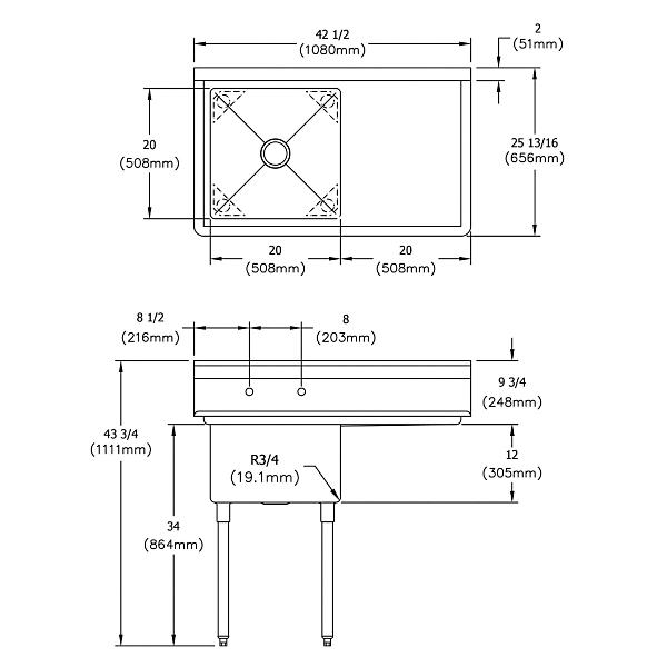 Elkay E1C20X20-R-20X Dependabilt Stainless Steel 42-1/2" x 25-13/16" x 43-3/4" 18 Gauge One Compartment Sink w/ 20" Right Drainboard and Stainless Steel Legs