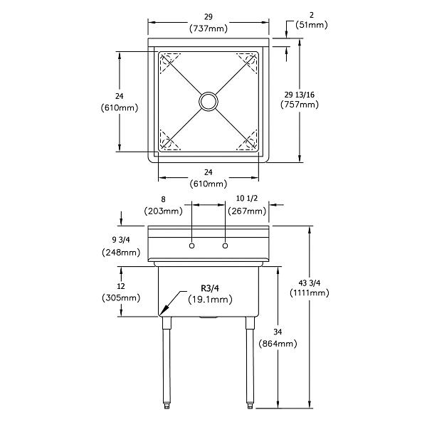 Elkay E1C24X24-0X Dependabilt Stainless Steel 29" x 29-13/16" x 43-3/4" 18 Gauge One Compartment Sink with Stainless Steel Legs