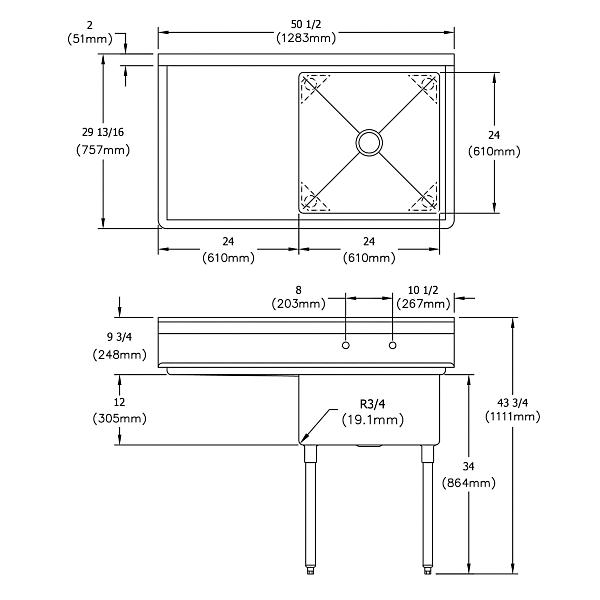 Elkay E1C24X24-L-24X Dependabilt Stainless Steel 50-1/2" x 29-13/16" x 43-3/4" 18 Gauge One Compartment Sink w/ 24" Left Drainboard and Stainless Steel Legs