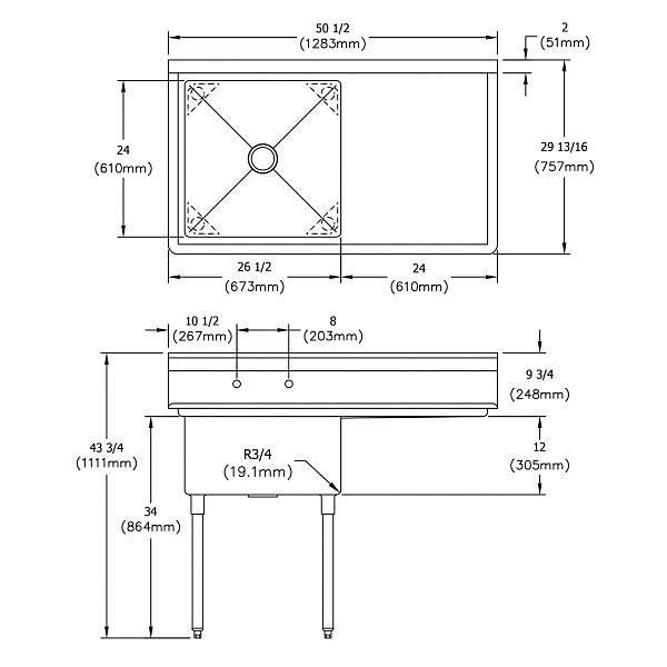 Elkay E1C24X24-R-24X Dependabilt Stainless Steel 50-1/2" x 29-13/16" x 43-3/4" 18 Gauge One Compartment Sink w/ 24" Right Drainboard and Stainless Steel Legs
