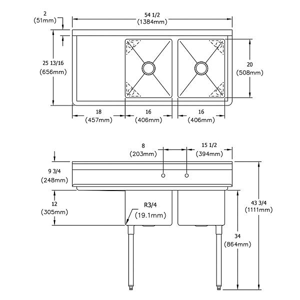 Elkay E2C16X20-L-18X Dependabilt Stainless Steel 54-1/2" x 25-13/16" x 43-3/4" 18 Gauge Two Compartment Sink w/ 18" Left Drainboard and Stainless Steel Legs