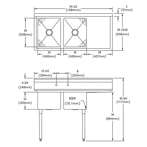 Elkay E2C16X20-R-18X Dependabilt Stainless Steel 54-1/2" x 25-13/16" x 43-3/4" 18 Gauge Two Compartment Sink w/ 18" Right Drainboard and Stainless Steel Legs