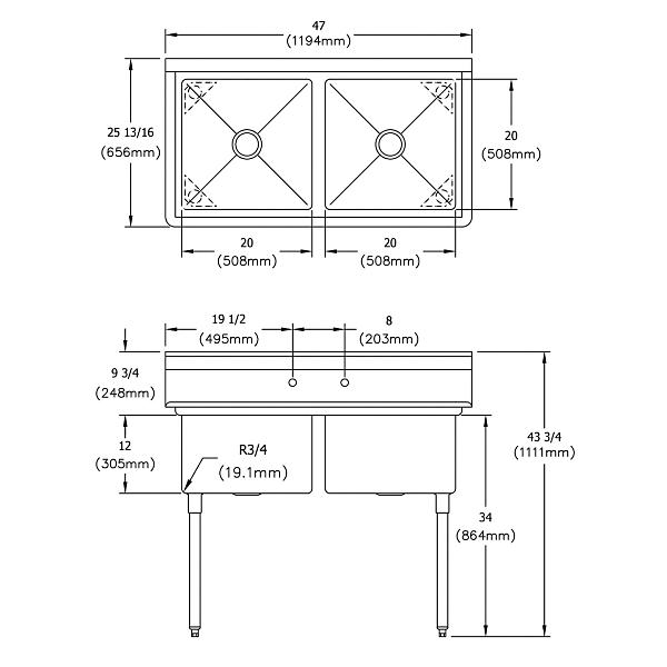 Elkay E2C20X20-0X Dependabilt Stainless Steel 47" x 25-13/16" x 43-3/4" 18 Gauge Two Compartment Sink with Stainless Steel Legs