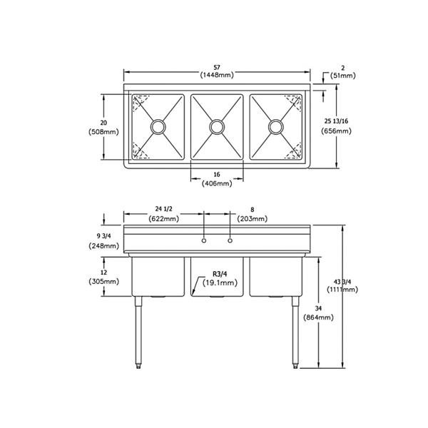 Elkay E3C16X20-0X Dependabilt Stainless Steel 57" x 25-13/16" x 43-3/4" 18 Gauge Three Compartment Sink with Stainless Steel Legs