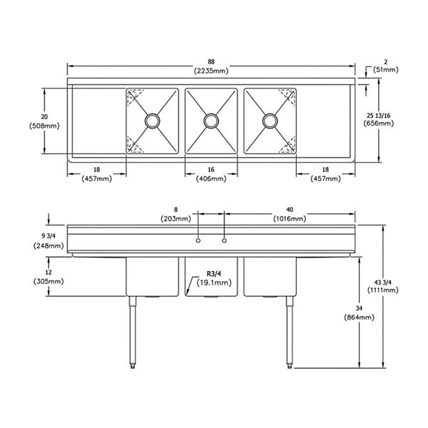 Elkay E3C16X20-2-18X Dependabilt Stainless Steel 88" x 25-13/16" x 43-3/4" 18 Gauge Three Compartment Sink w/ 18" Left and Right Drainboards and Stainless Steel Legs