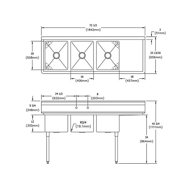 Elkay E3C16X20-R-18X Dependabilt Stainless Steel 72-1/2" x 25-13/16" x 43-3/4" 18 Gauge Three Compartment Sink w/ 18" Right Drainboard and Stainless Steel Legs
